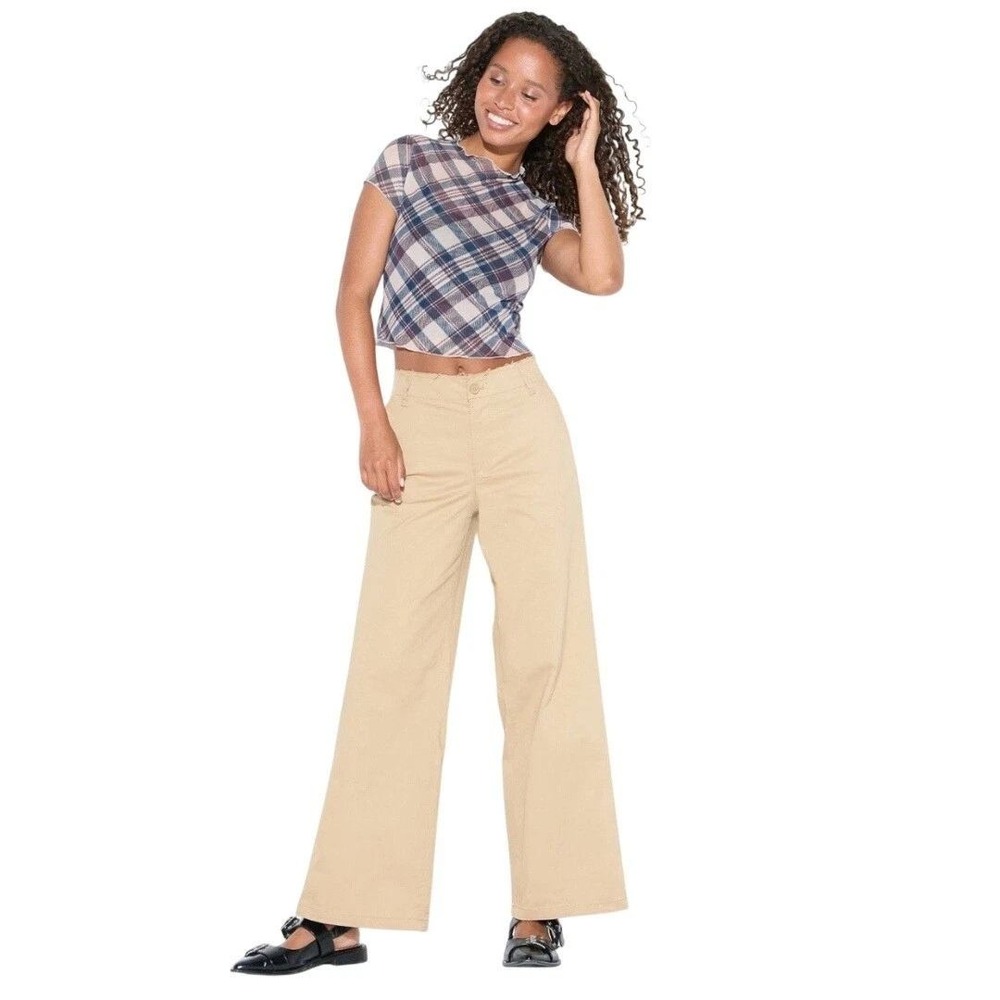 Wild Fable Women's Tan Raw Hem Waistband Wide Leg Chino Pants Size Small